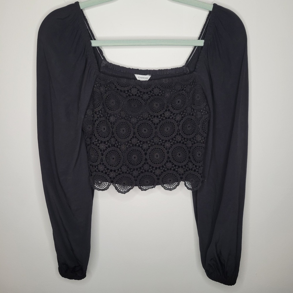 Bebe Crop Top‎ Size XS Black Smocked Long Sleeve Peasant Milkmaid Renfair